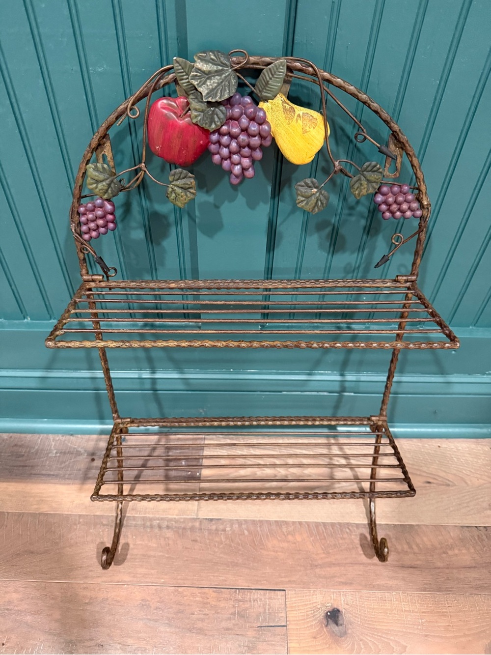 Vintage Wrought Iron 2 Tier Wall Shelf Fruit Grapes Tuscan Kitchen Decor